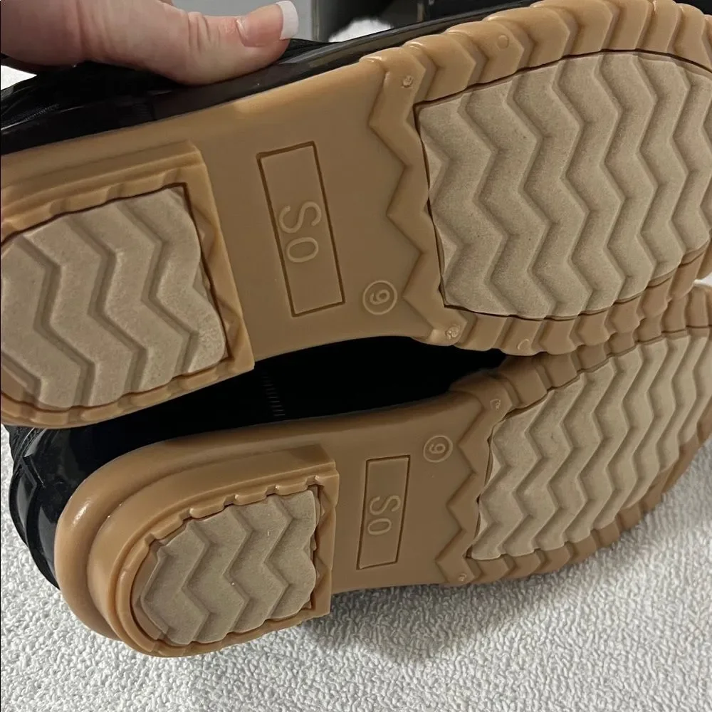 SO Black Quilted Winter Boots with Tan Soles